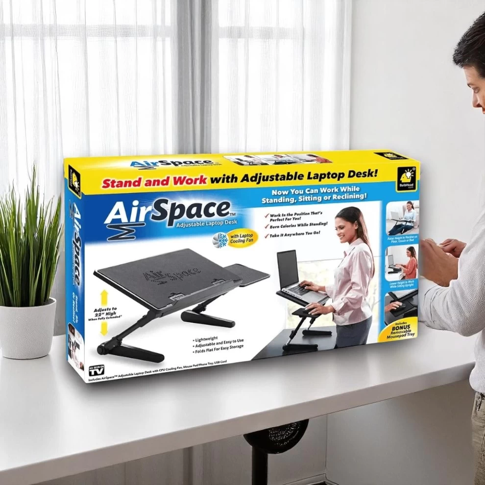 Air Space Adjustable Laptop Table Desk – Foldable Stand with Cooling Fan & Mouse Tray