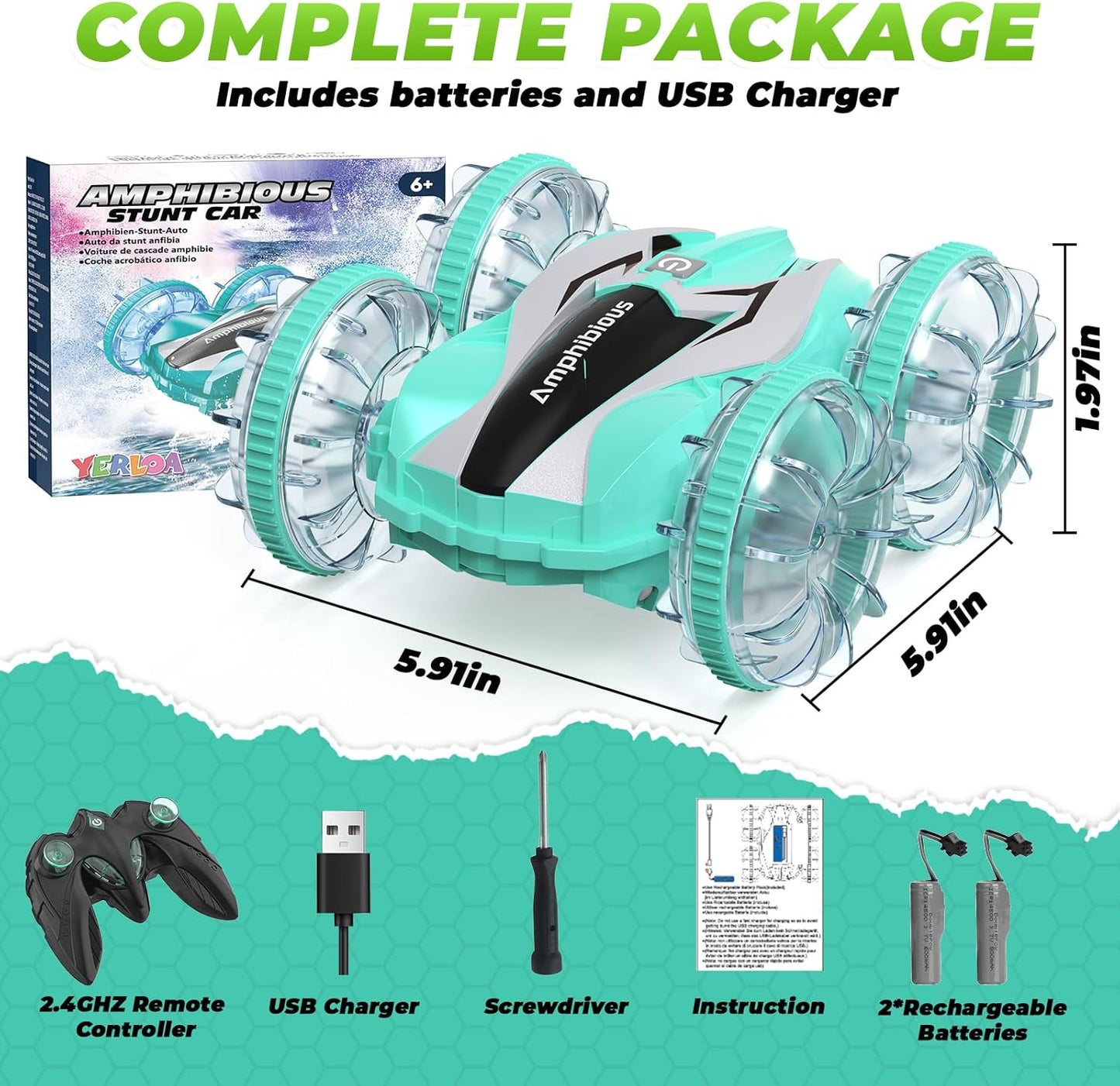 Waterproof Amphibious RC Stunt Car – 4WD, 360° Spins, Flips, Adjustable Speed & Rechargeable Batteries