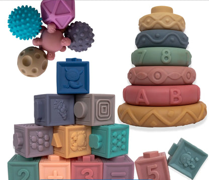 Baby 3-in-1 Montessori Set – Soft Teethers, Stacking Blocks & Sensory Balls Toyz N Tingz
