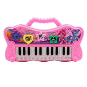 Pink toy keyboard with cartoon characters on a white background